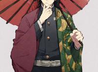 和服风的《鬼灭》主角团，善逸手持樱花独自美丽，猪头笑得像坏蛋