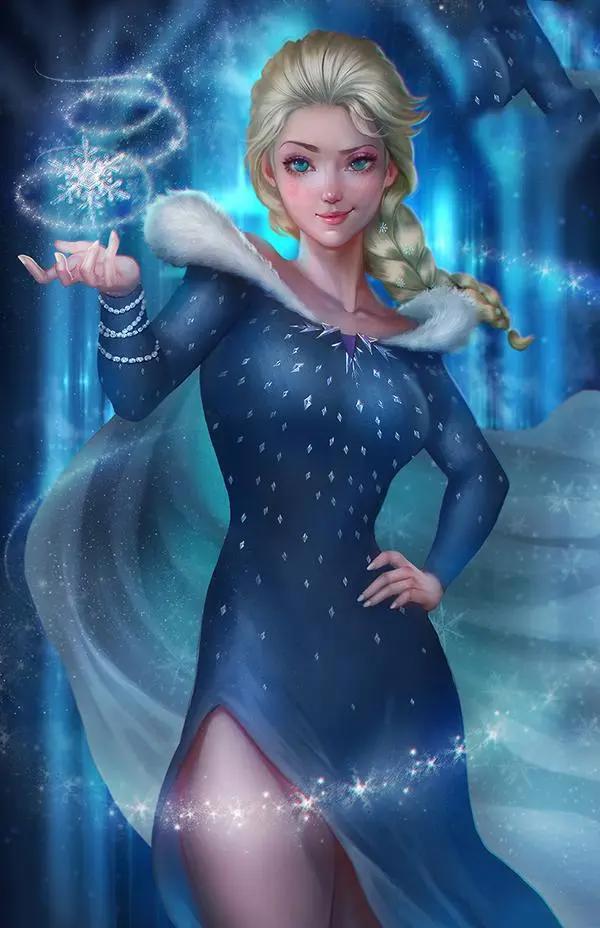 冰雪奇缘2：大师画风下的艾莎，冰晶礼服的艾莎经典还原动画形象
