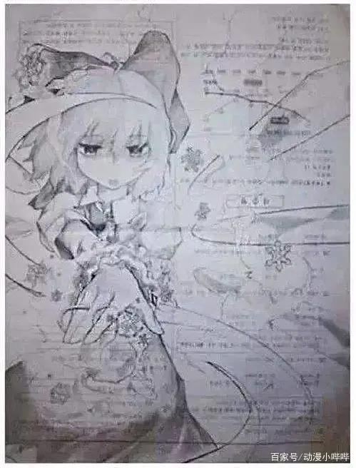 满满二次元气息的考卷涂鸦，老师看了无奈，漫迷看了竖起大拇指！