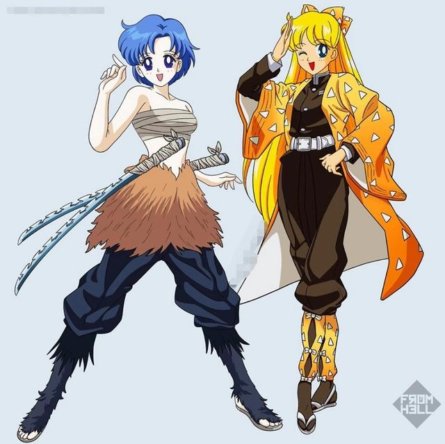 美少女战士与鬼灭之刃角色互换，女版伊之助性感，岩柱较可怜