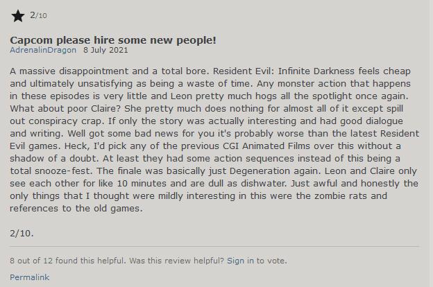 网飞《生化危机：无尽黑暗》动画剧集播出后各大网站好评率仅50%