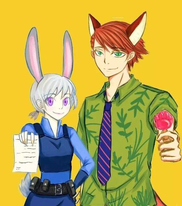 《疯狂动物城》拟人插画：狐狸男神和兔女郎日漫画风，这CP我爱了