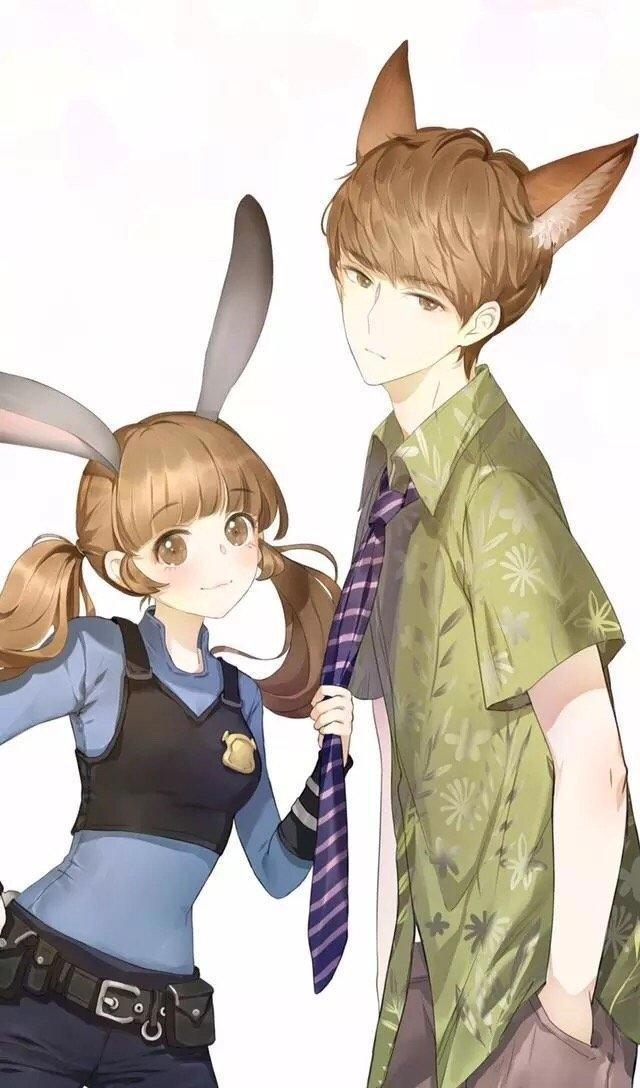 《疯狂动物城》拟人插画：狐狸男神和兔女郎日漫画风，这CP我爱了