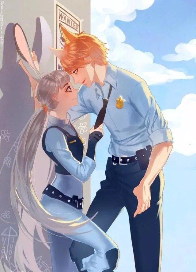《疯狂动物城》拟人插画：狐狸男神和兔女郎日漫画风，这CP我爱了