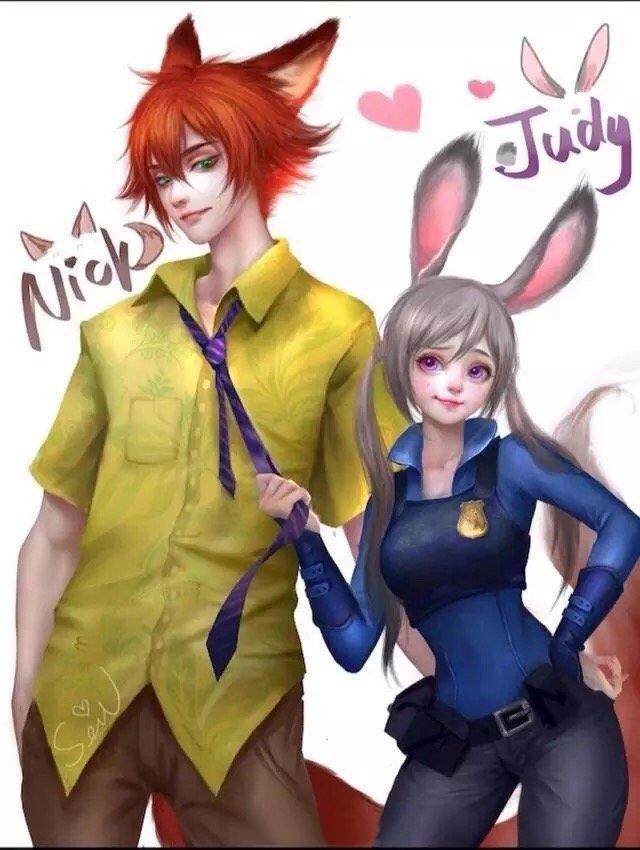 《疯狂动物城》拟人插画：狐狸男神和兔女郎日漫画风，这CP我爱了