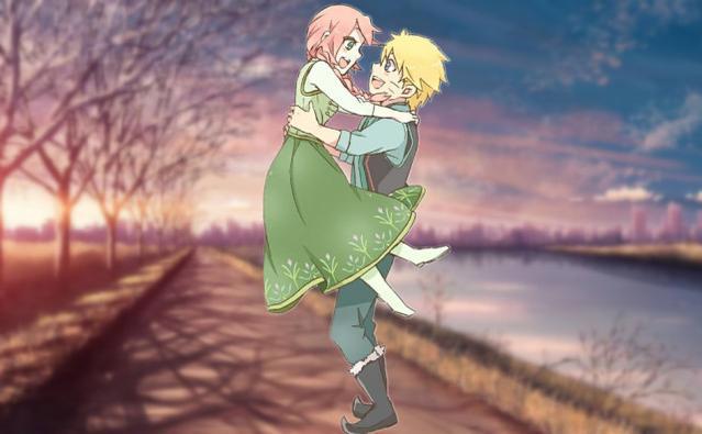 火影误入迪士尼，小樱长发公主造型抢镜，鸣人与小樱树下画面温馨