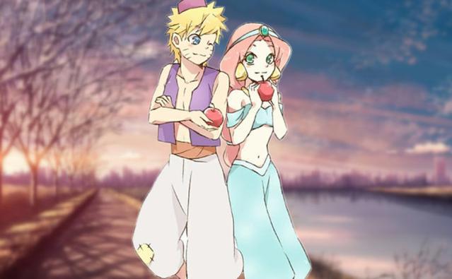 火影误入迪士尼，小樱长发公主造型抢镜，鸣人与小樱树下画面温馨