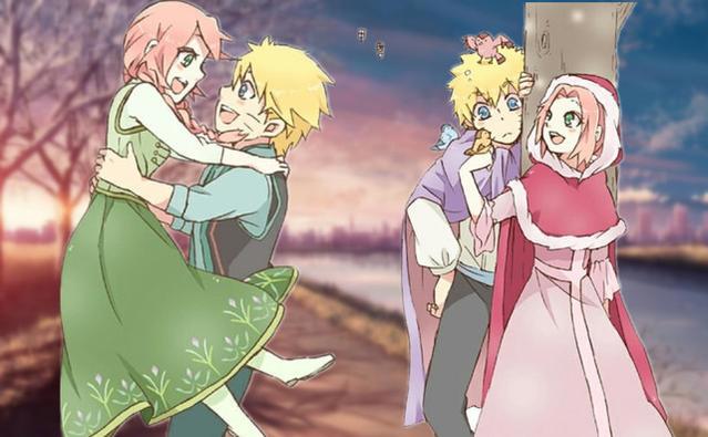 火影误入迪士尼，小樱长发公主造型抢镜，鸣人与小樱树下画面温馨