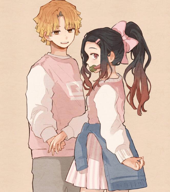 鬼灭之刃：穿着休闲装的CP，善逸与祢豆子牵手，蛇恋两柱太甜了