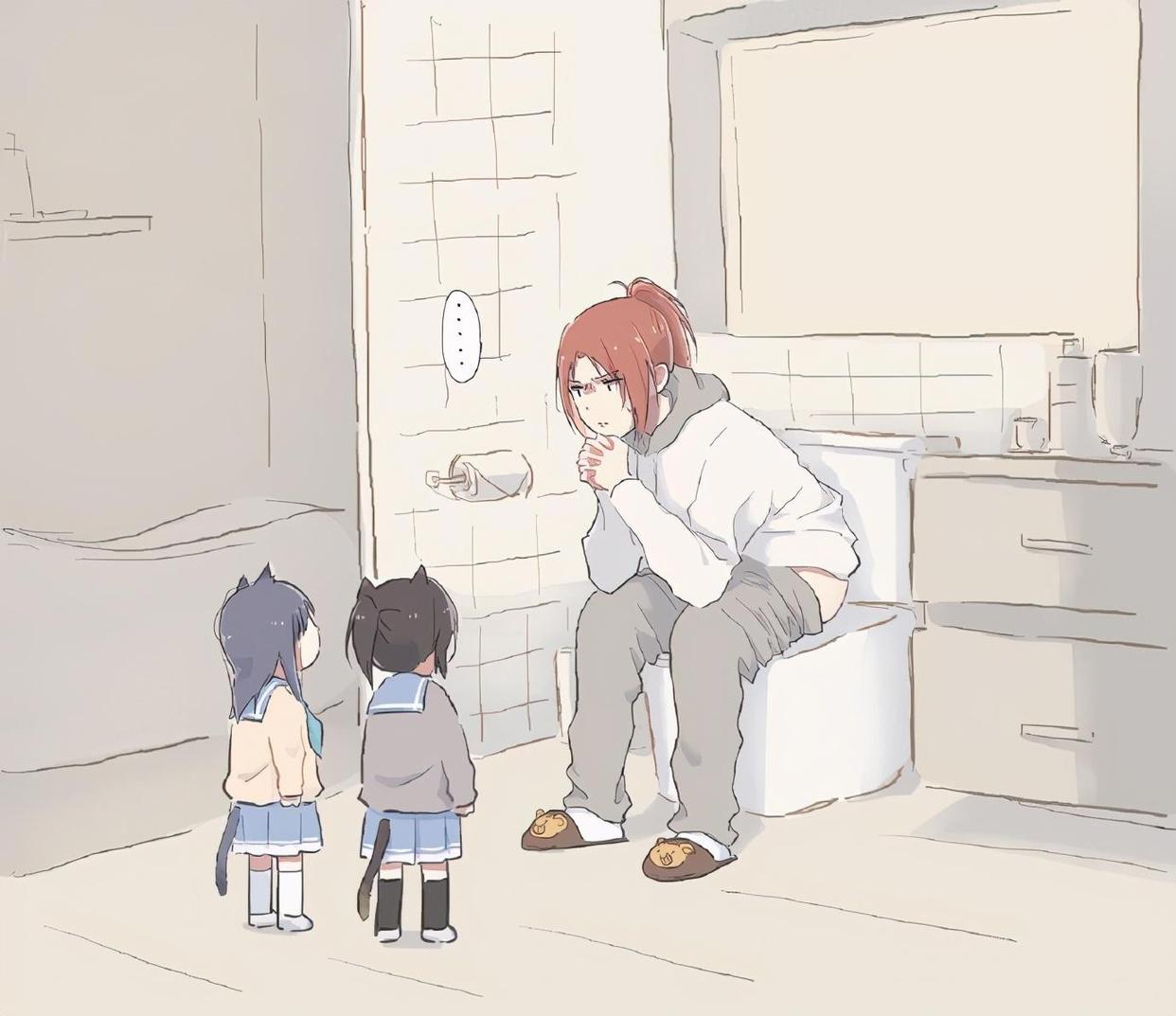 上厕所被猫咪围观，画师大佬把这个场景用动漫的方式画了下来