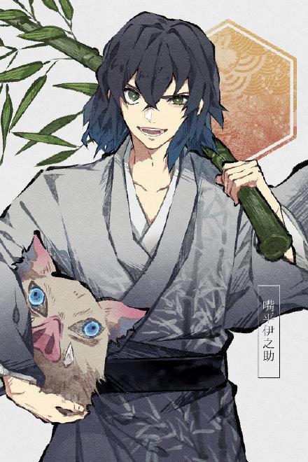和服风的《鬼灭》主角团，善逸手持樱花独自美丽，猪头笑得像坏蛋