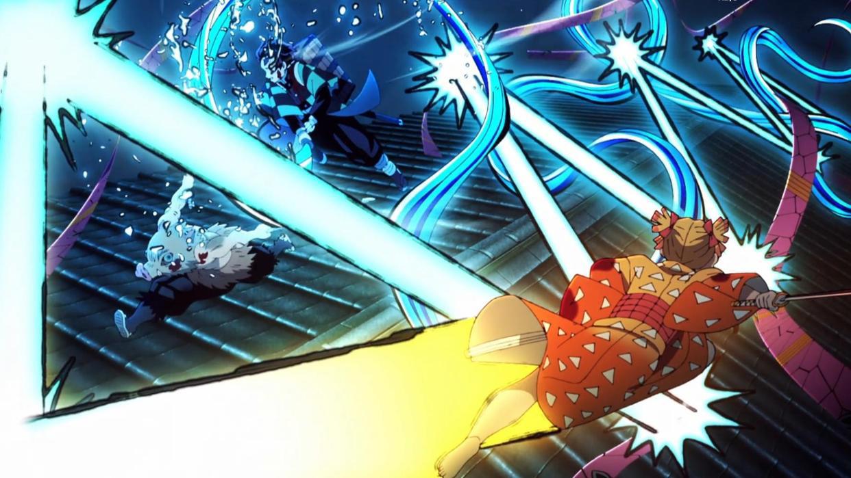 鬼灭之刃：三小强完美配合，猪猪的摩擦运动拿下堕姬的头抱起就跑