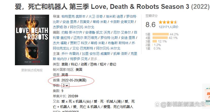 《爱，死亡和机器人第三季》豆瓣评分8.6，2022年美国经典动画片