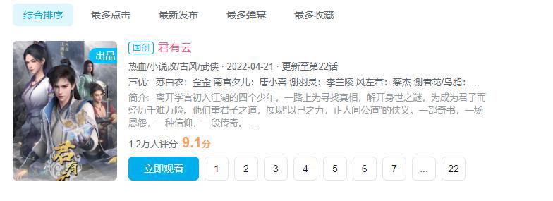 从预告就开始引热议的《君有云》，数据一路霸榜追番破百万