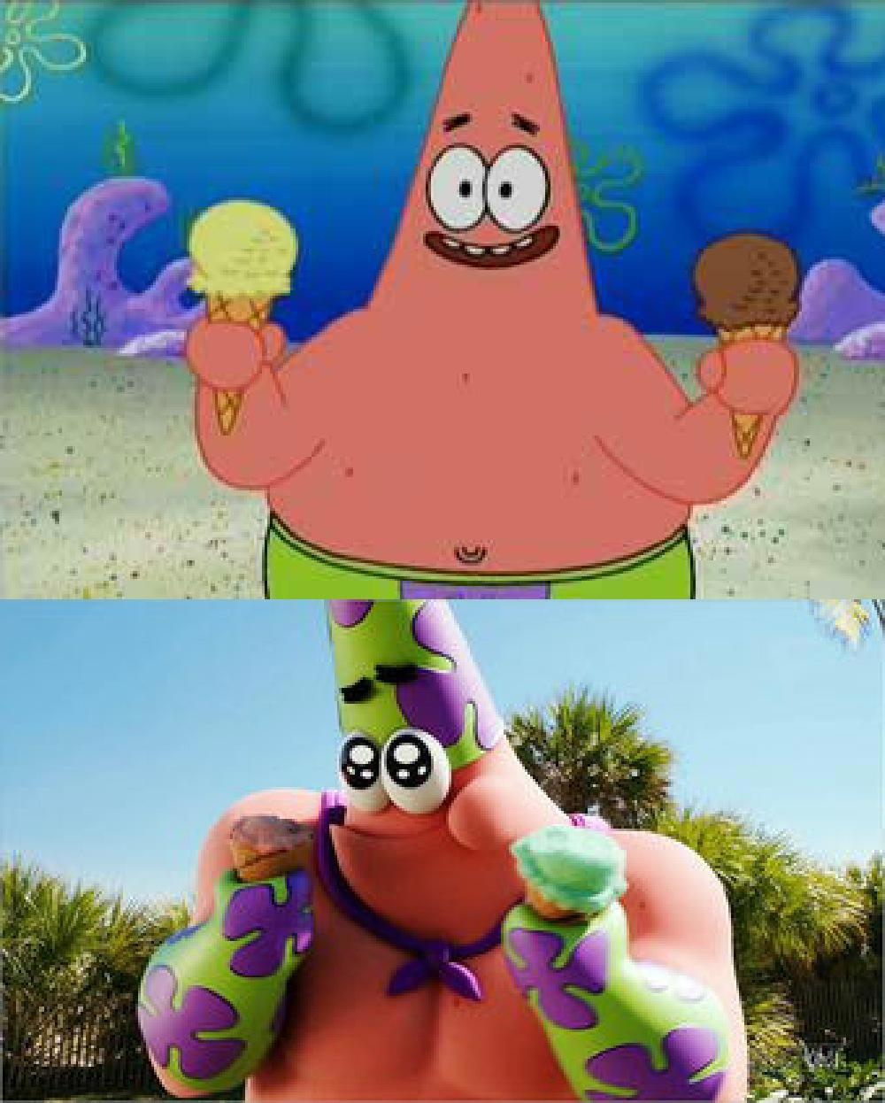 《海绵宝宝》动漫版VS电影版，看到派大星时心都被萌化了