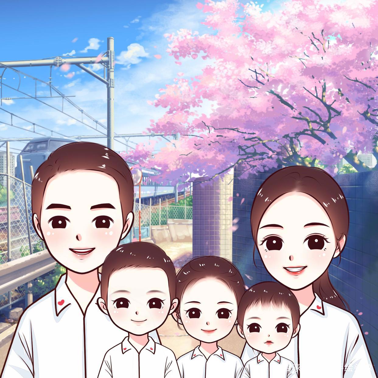 唯美漫画头像，一家三口、四口、五口手绘全家福图片