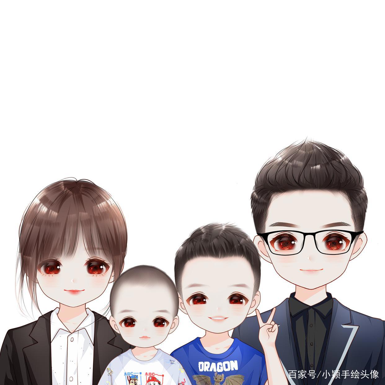 唯美漫画头像，一家三口、四口、五口手绘全家福图片