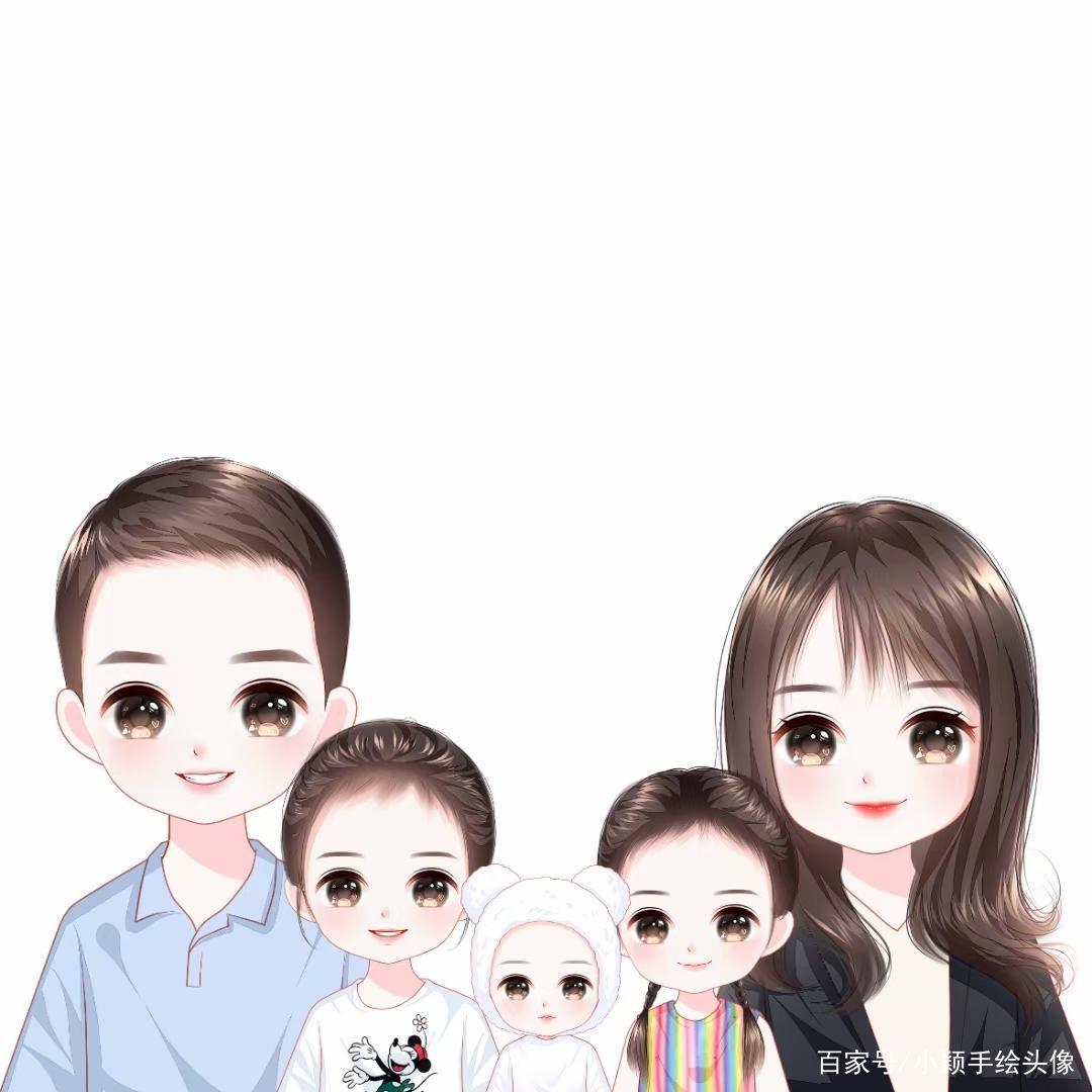 唯美漫画头像，一家三口、四口、五口手绘全家福图片