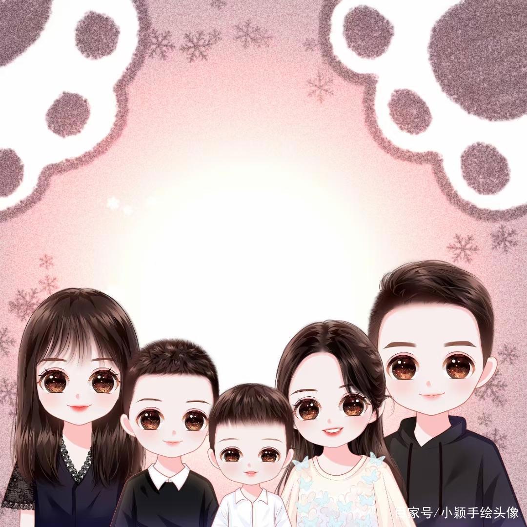 唯美漫画头像，一家三口、四口、五口手绘全家福图片