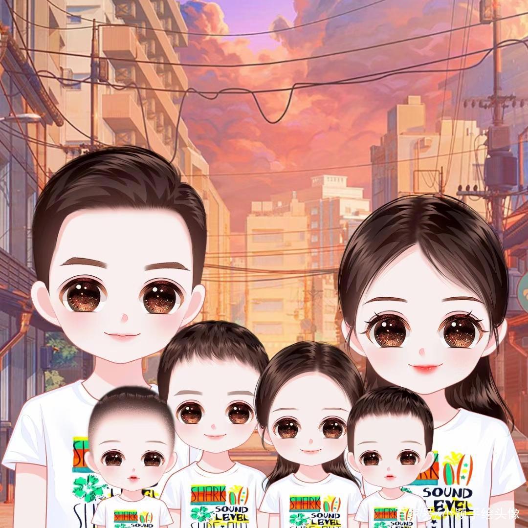 唯美漫画头像，一家三口、四口、五口手绘全家福图片