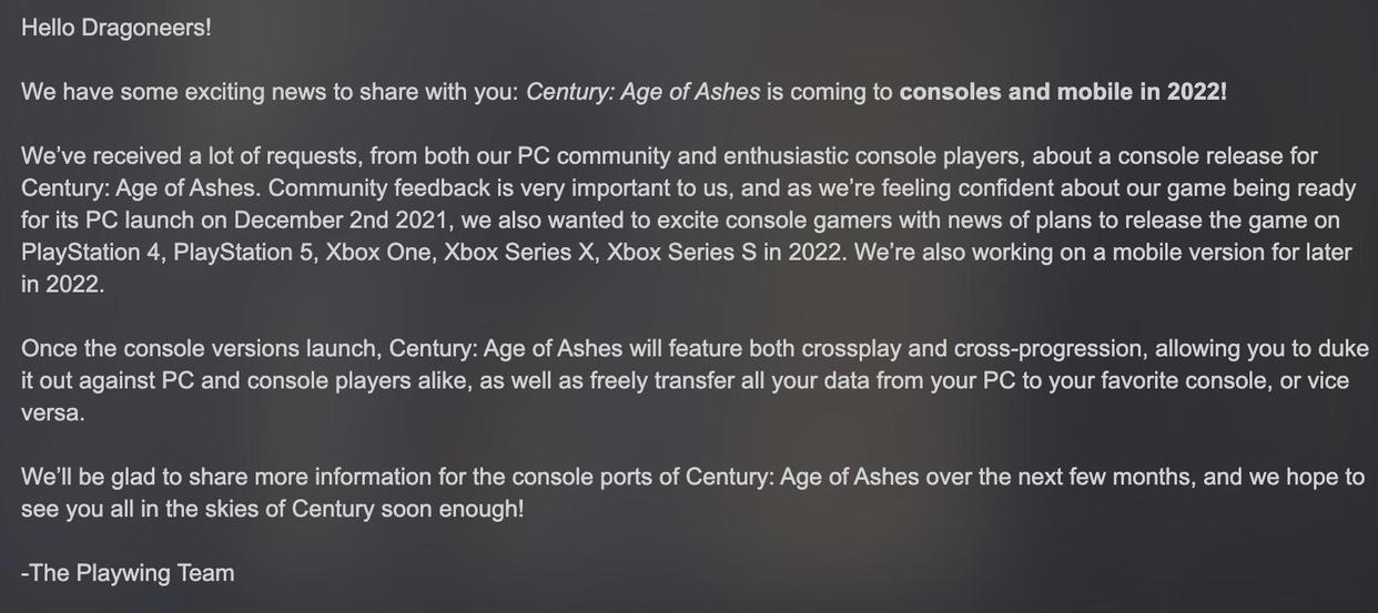 龙战游戏《世纪：灰烬纪元》将于2022年登陆主机