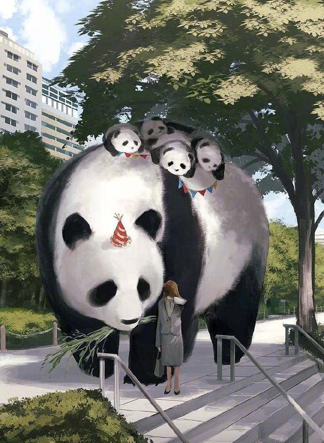 日本插画师笔下的巨型动物温暖又治愈，国宝大熊猫太萌太可爱了