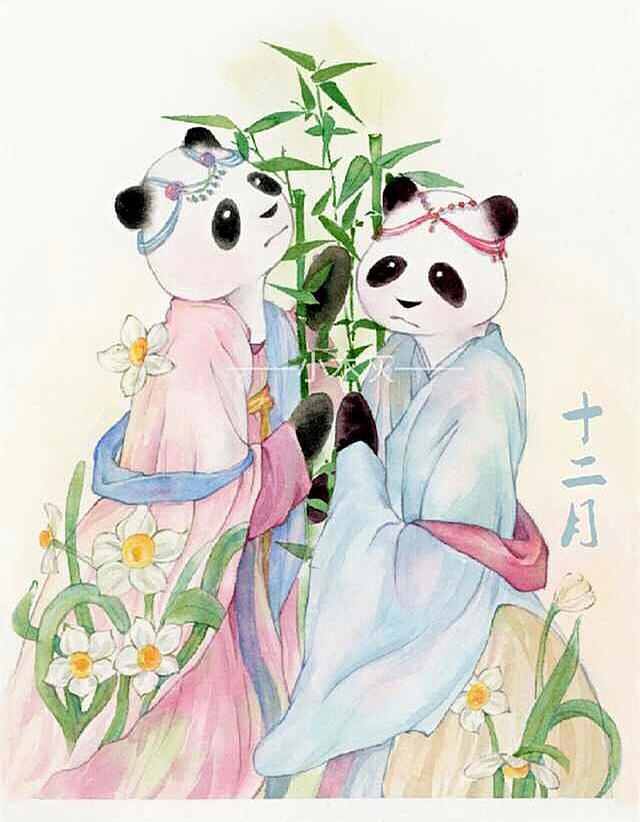 以“熊猫”为本体，用鲜花做装饰，展现中国风的“12月份拟人化”