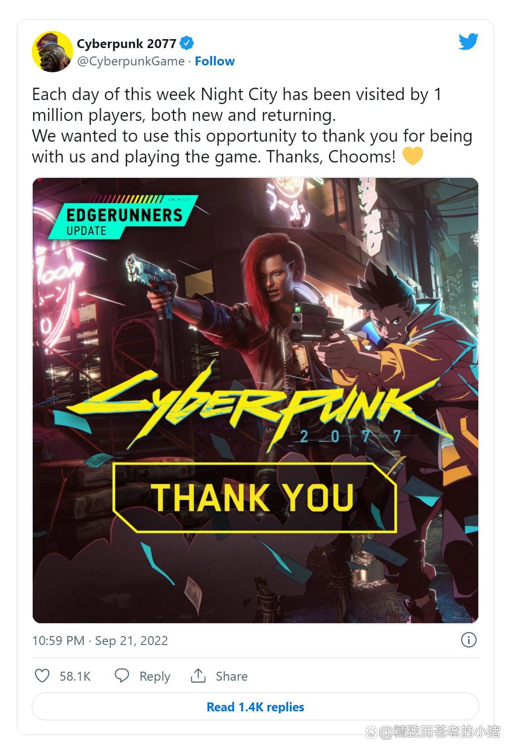 《赛博朋克：边缘跑手》爆红后，每天有100万玩家造访夜之城
