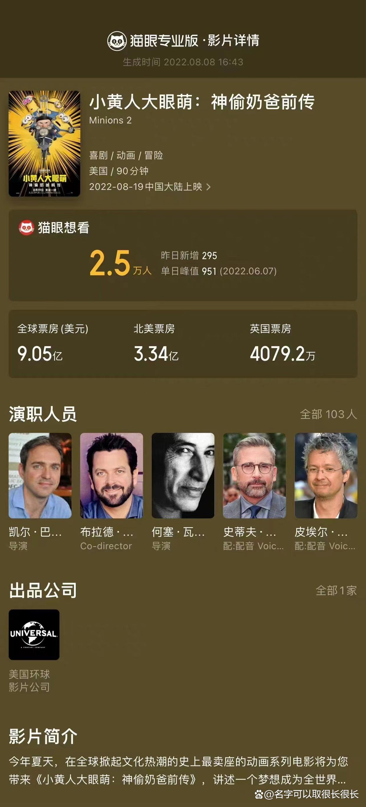 《小黄人大眼萌：神偷奶爸前传》定档819，我就知道会上映！